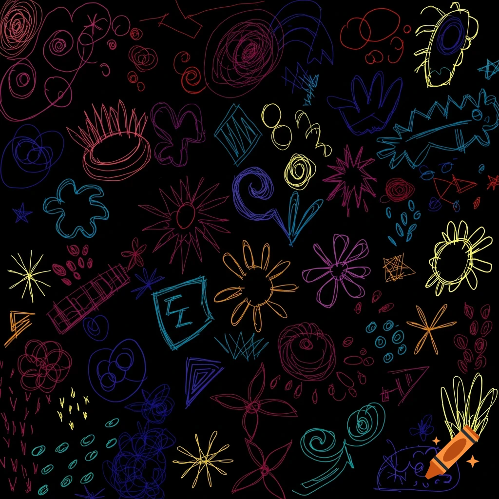 Colorful hand-drawn scribbles, shapes, and lines form a dense pattern on a black background.