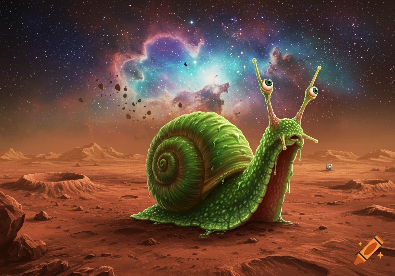 A green slimy snail on a rocky Martian surface with a colorful space nebula and stars.