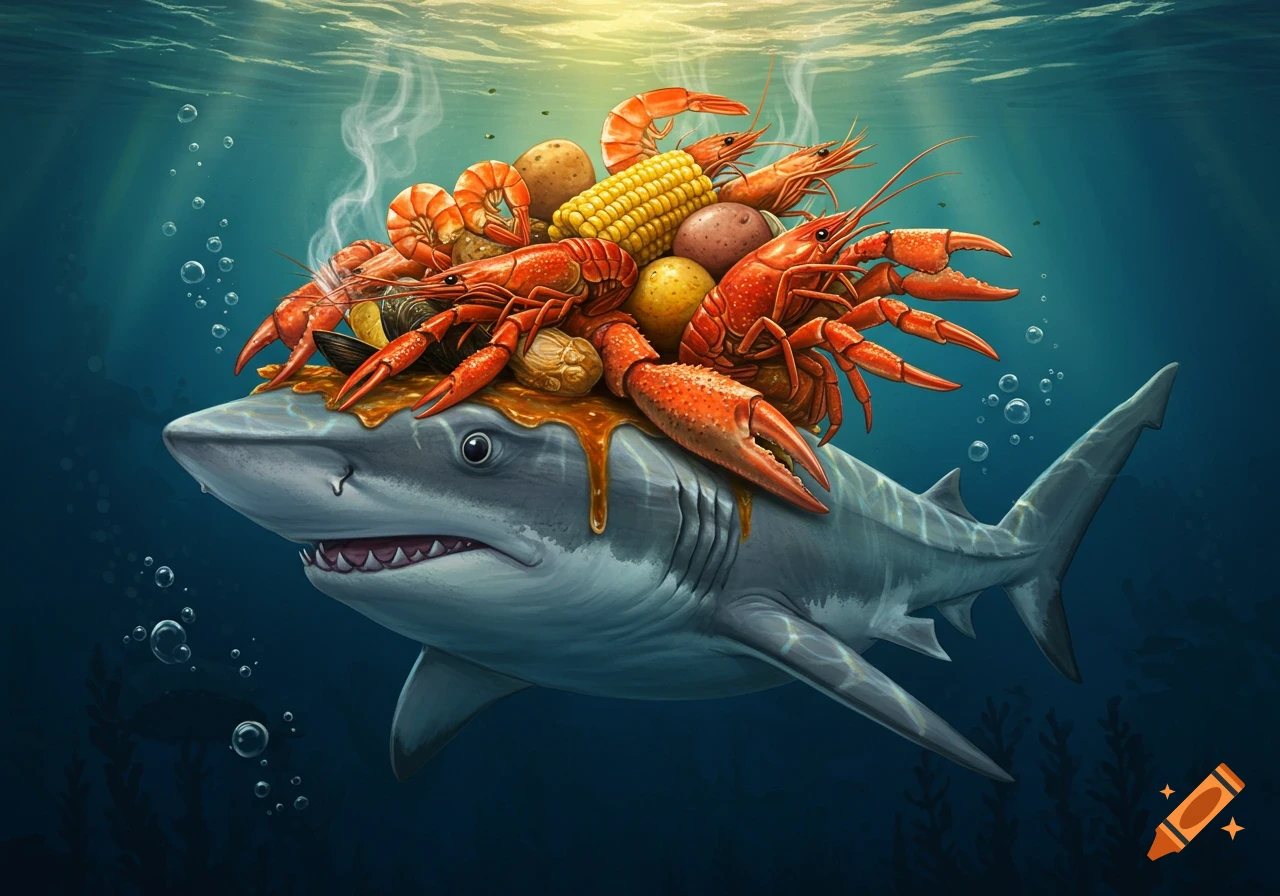 Illustration of a shark swimming underwater with a seafood boil on its back.