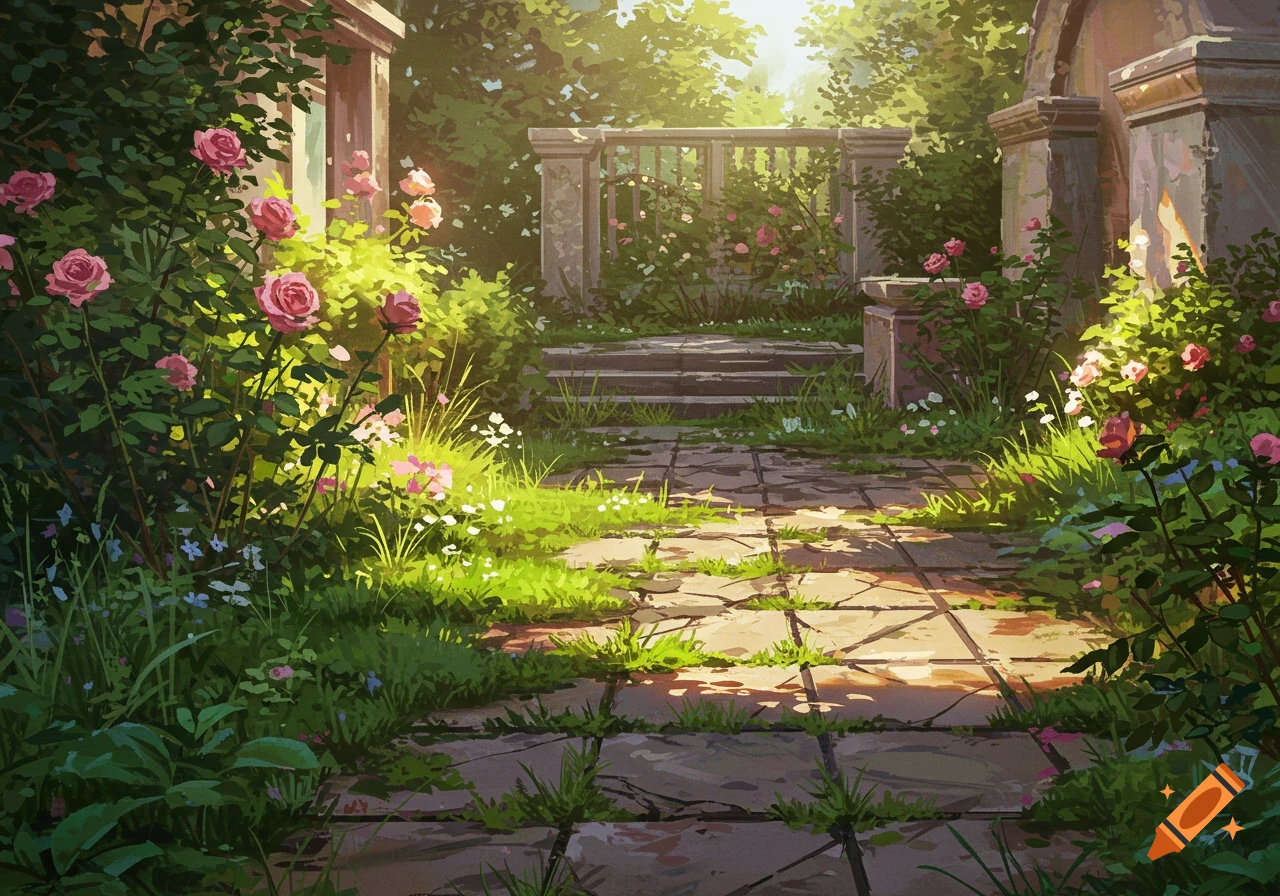 A sunlit, overgrown old garden path winds through roses and stone structures.