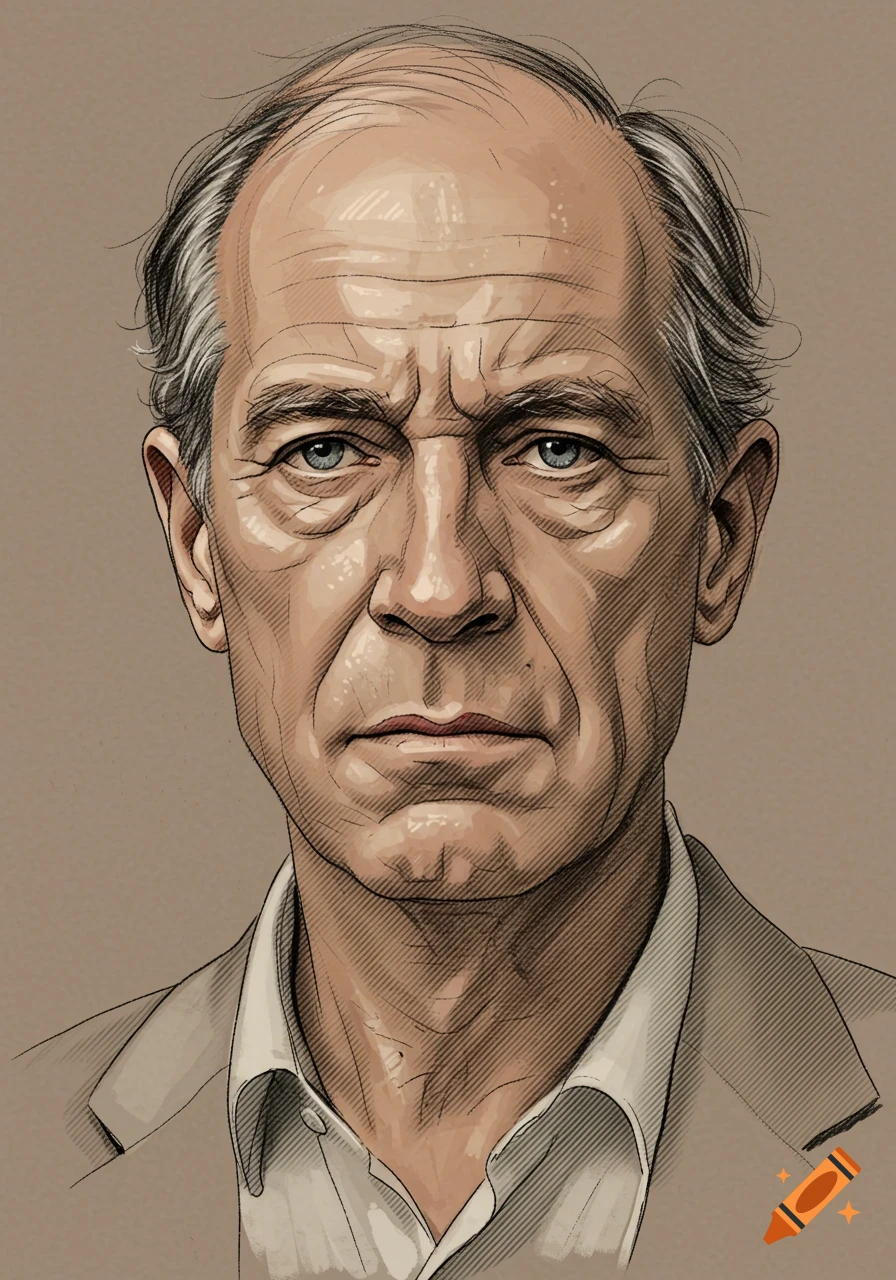 Stylized drawing of an older man's face with a serious expression.