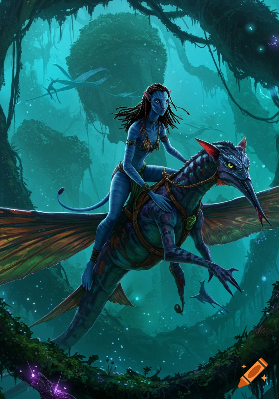 Neytiri rides her Ikran through a dense Pandora jungle