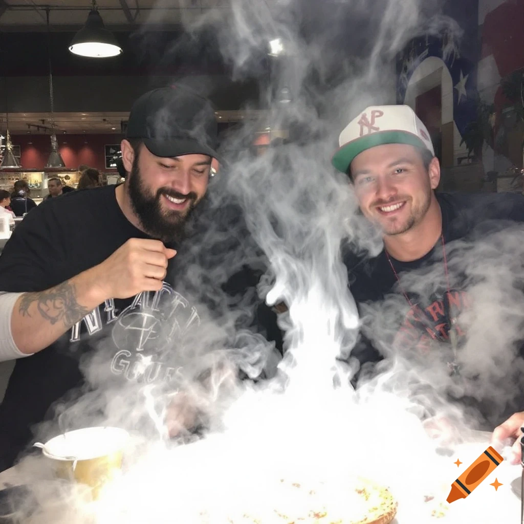 Two smiling men sit at a table surrounded by a large plume of smoke