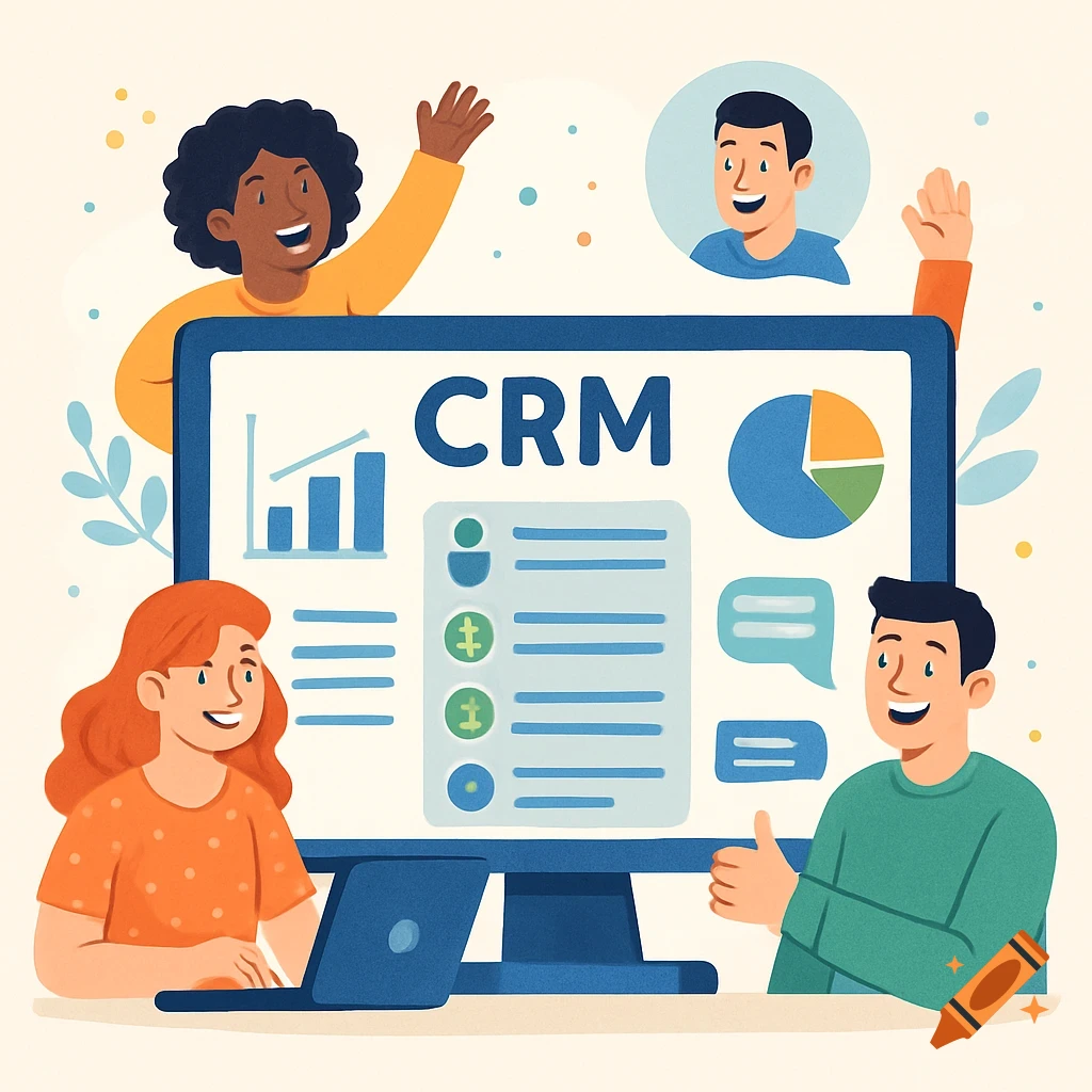 Illustration of happy diverse people interacting with a large computer screen displaying CRM software charts and data.