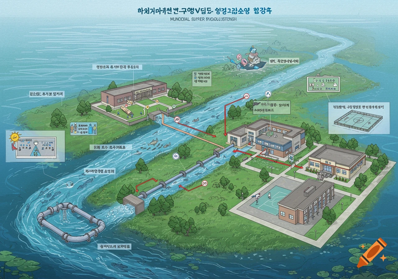 Illustrated diagram of a water supply system flowing from a river to buildings.