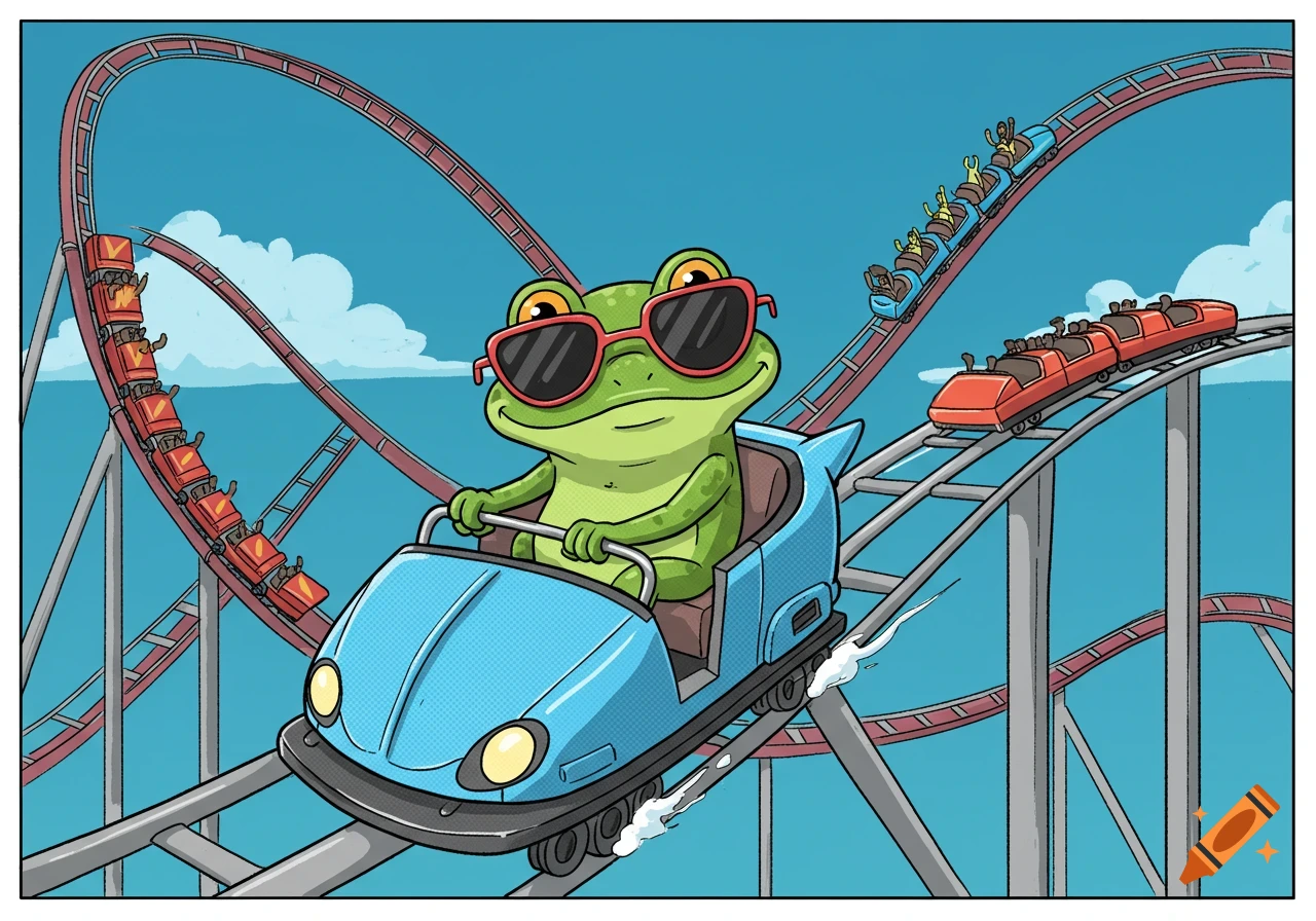 A cartoon frog wearing sunglasses rides a blue roller coaster at an amusement park with other roller coasters in the background.