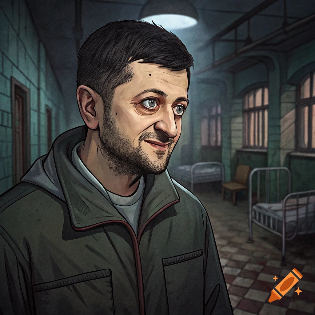 Cartoonish portrait of a man in an asylum.