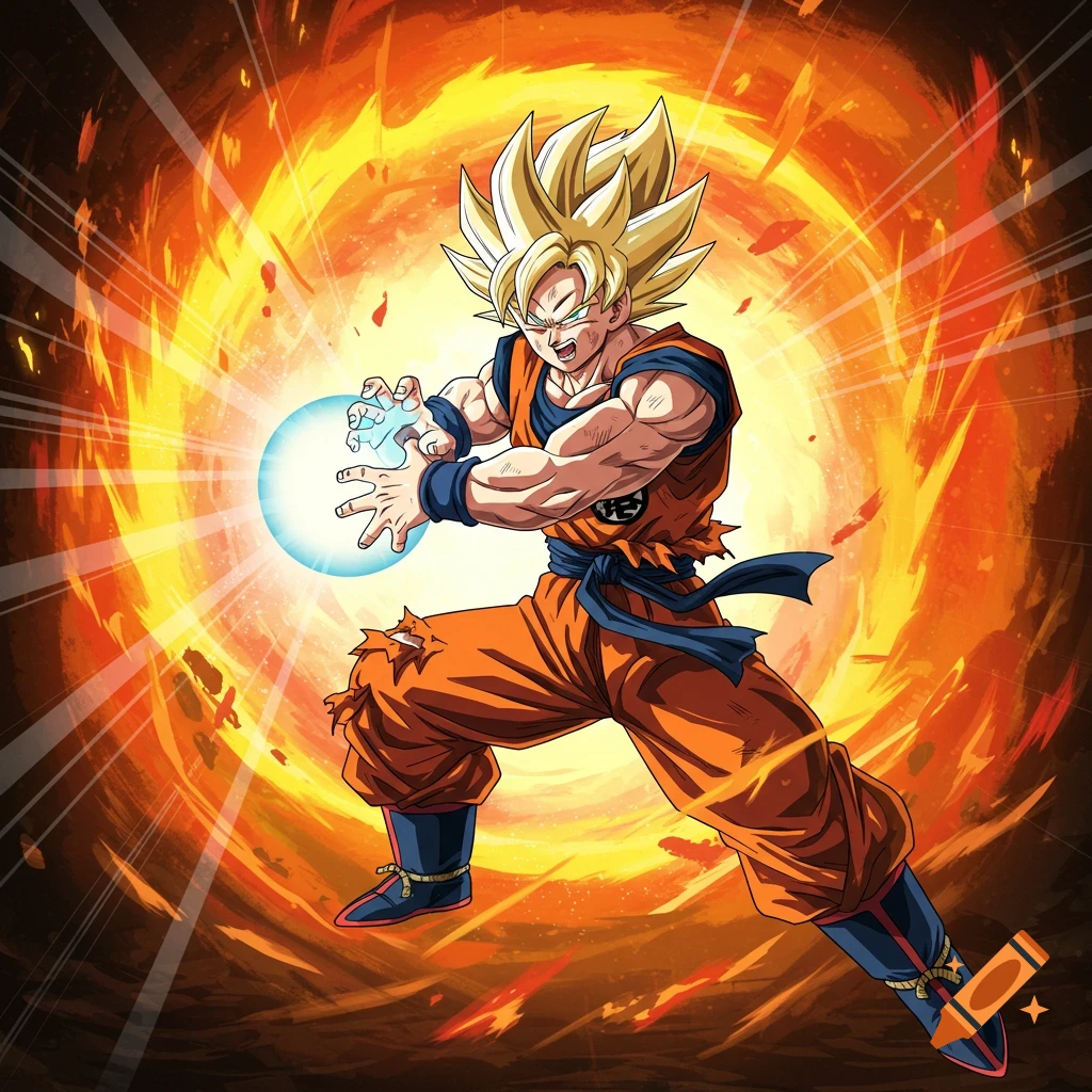 Goku in Super Saiyan form prepares a blue energy attack against a fiery background.