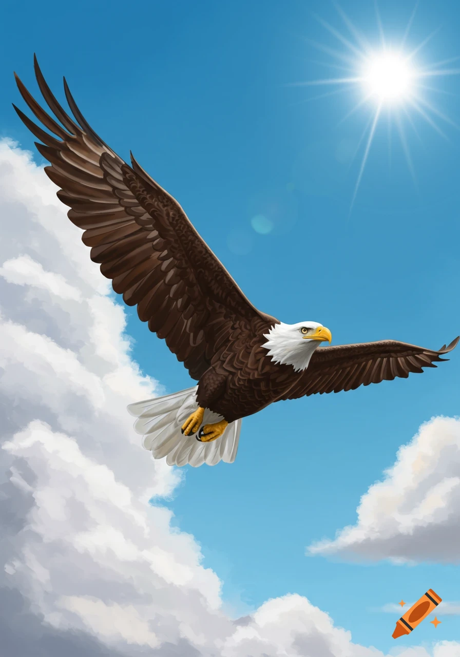 A bald eagle flying in a sunny blue sky with clouds.