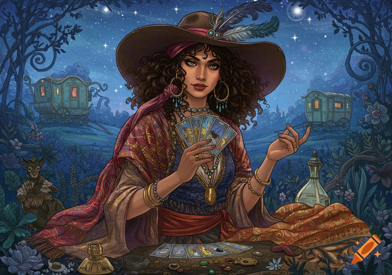 A fortune teller holding tarot cards under a starry sky with caravans in the background.