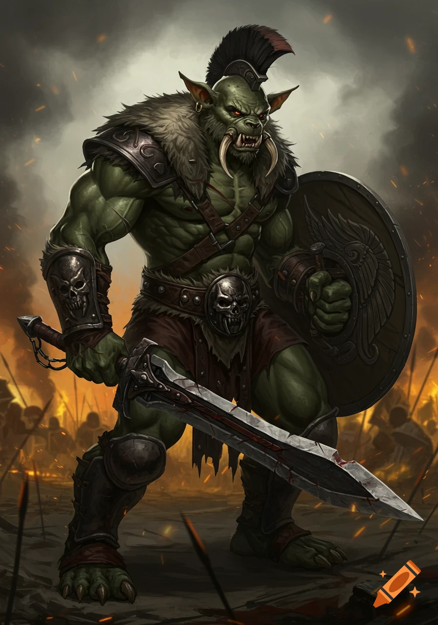 A muscular green fantasy creature in spartan armor holding a bloody sword and shield on a battlefield.