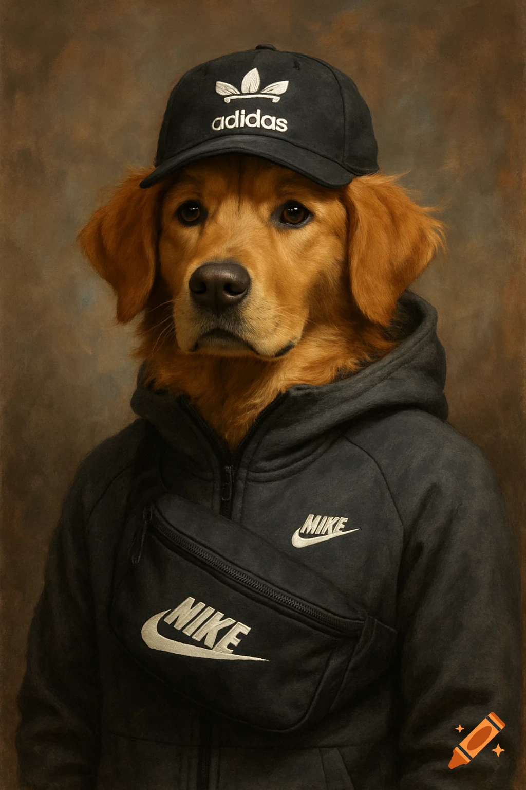 A Golden Retriever dog wears an Adidas cap, Nike jacket, and Nike fanny pack.