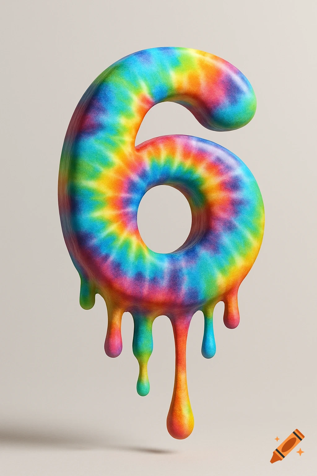 A 3D number 6 covered in a tie-dye pattern with colorful tie-dye liquid dripping from the bottom.