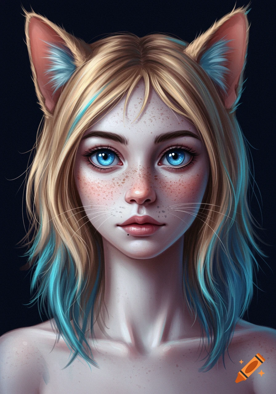 Portrait of a woman with cat ears, blue eyes, freckles, and blonde hair with blue tips.