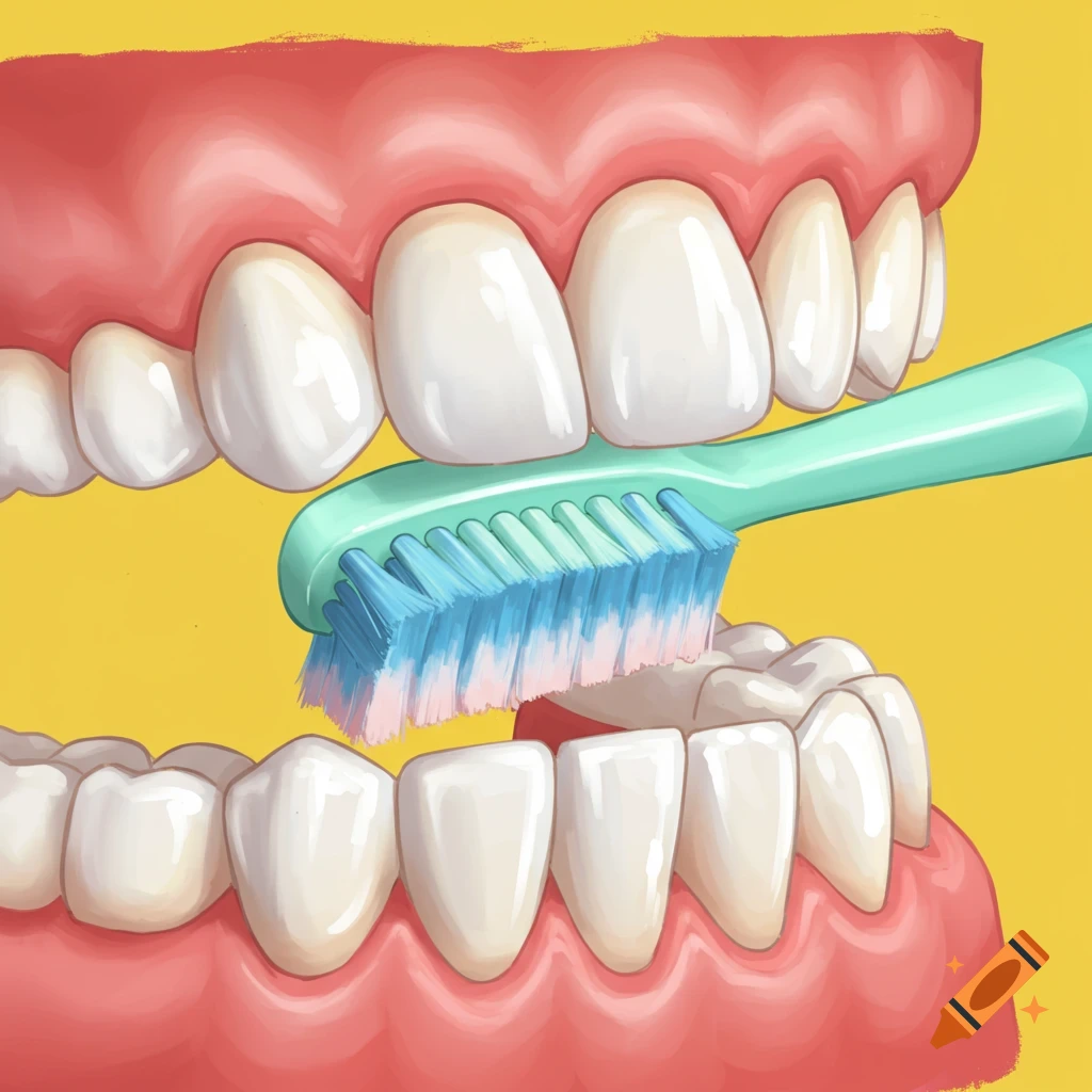 Close-up illustration of a toothbrush brushing teeth.