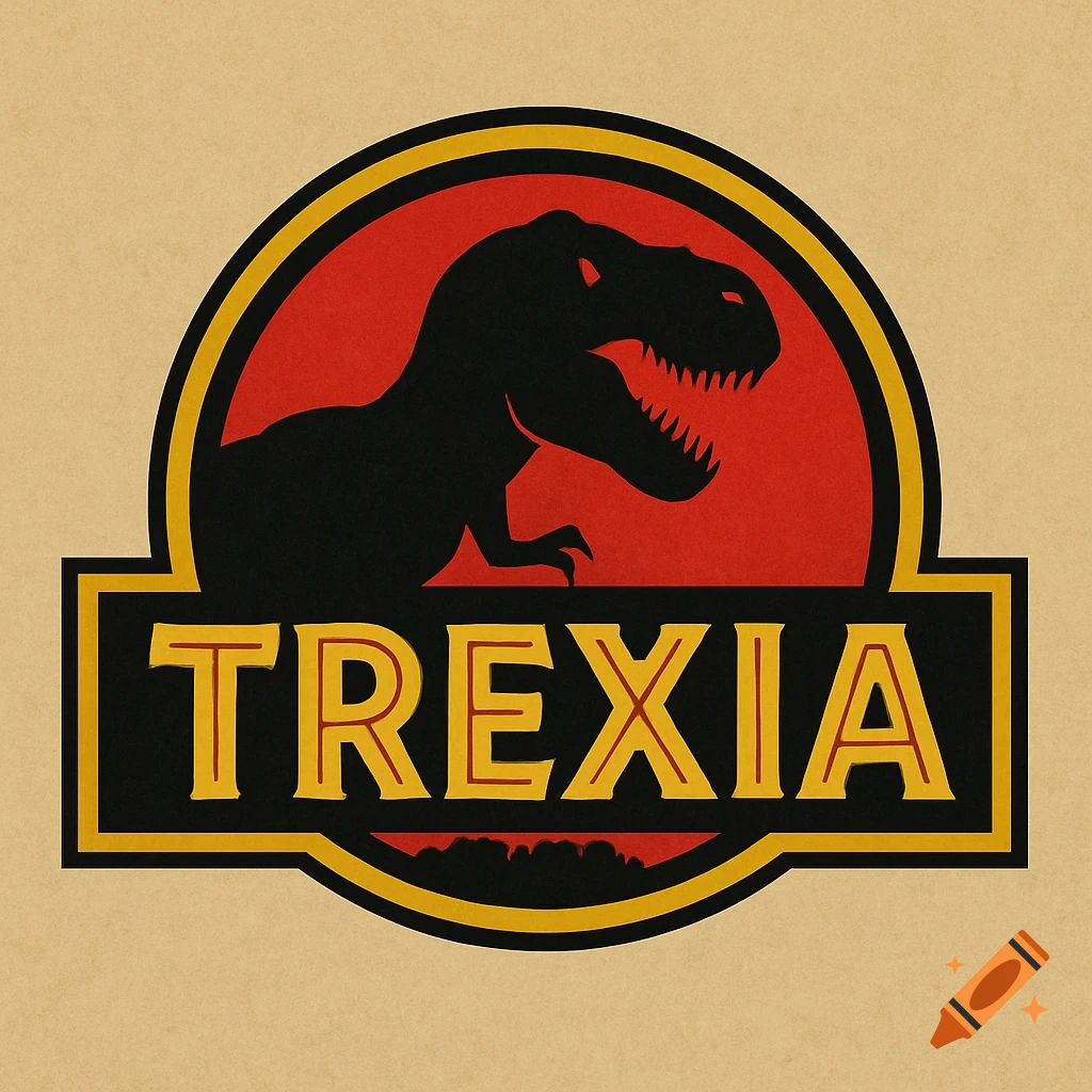 Jurassic-style logo with T-Rex silhouette and the name TREXIA
