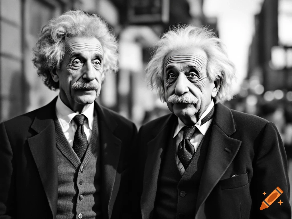 Black and white portrait of two men resembling Albert Einstein in suits