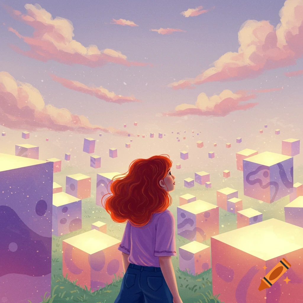 A girl with red hair looks up at floating cubes in a dreamy landscape with pink clouds.