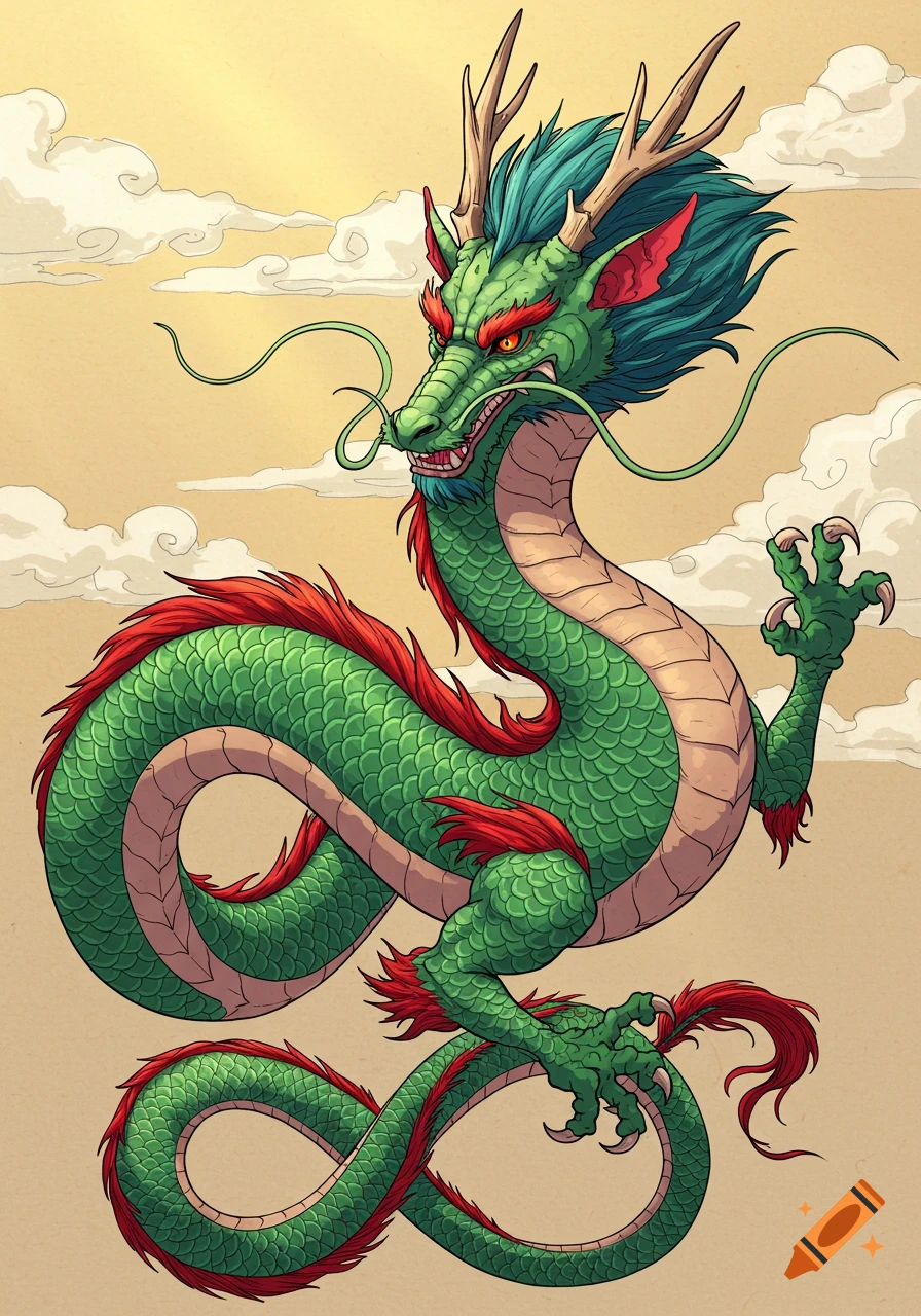 A green dragon with red accents flies through a cloudy sky in an illustration.