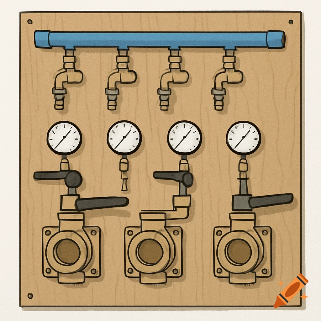 Illustration of a plumbing schematic with pipes, valves, and pressure gauges on a wooden board.