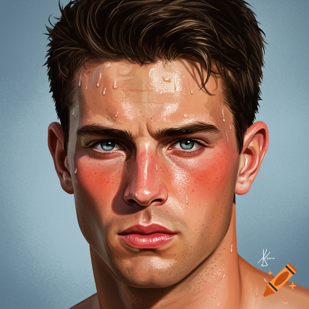 A young man's sweaty, flushed face before a workout.