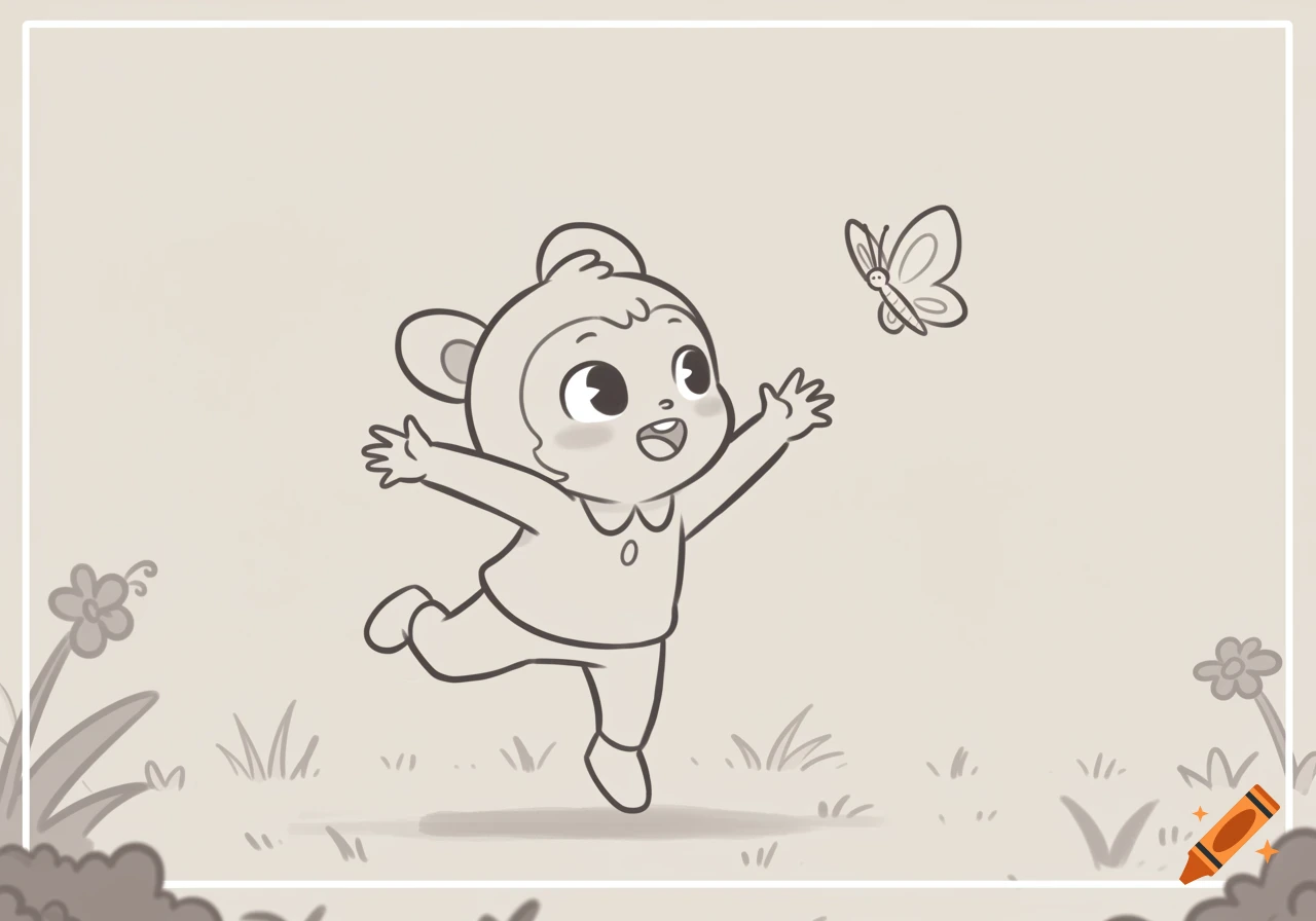 Cute cartoon character chasing a butterfly in a garden