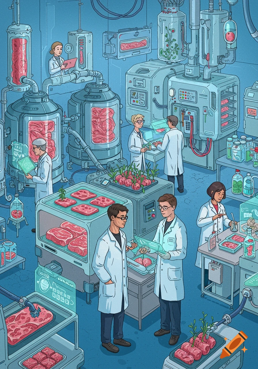 Scientists working in a lab with large bioreactors and cultivated meat trays.