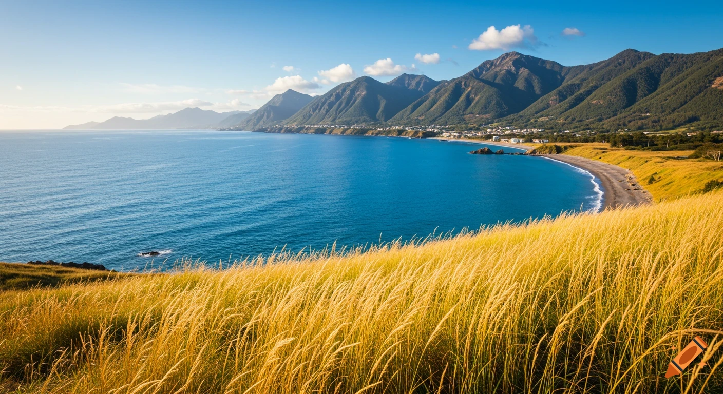 Sunny coastal landscape with golden grass in the foreground, blue water, and mountains in the distance.