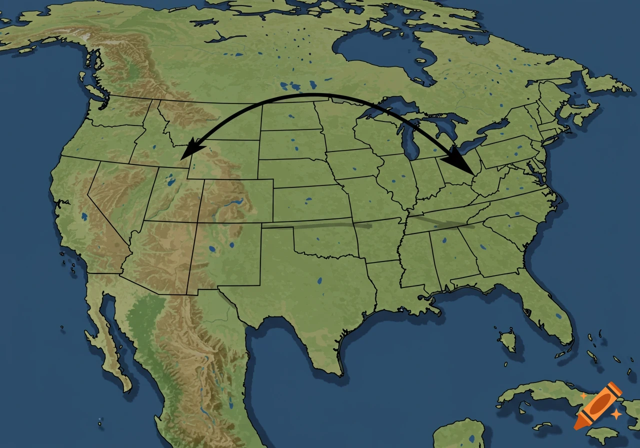 Cartoon map of the United States with topography and state outlines, viewed from the southeast, with an arcing arrow.