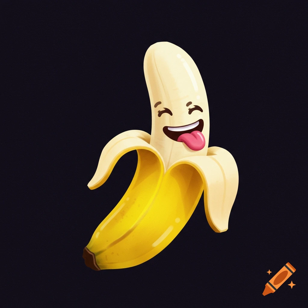 Cartoon illustration of a smiling, peeled banana with its tongue sticking out against a dark background.