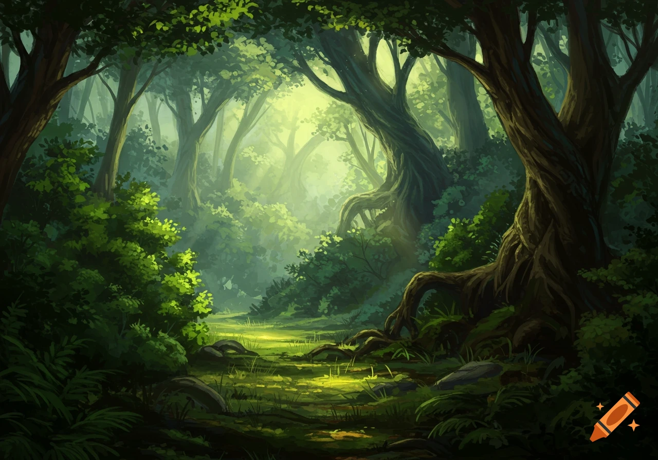 A path leading through a dense forest with sunlight streaming through the trees.