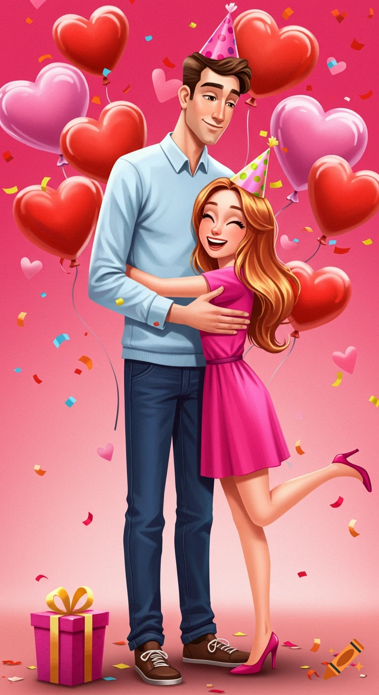 A couple hugs at a birthday party with heart balloons and a gift.