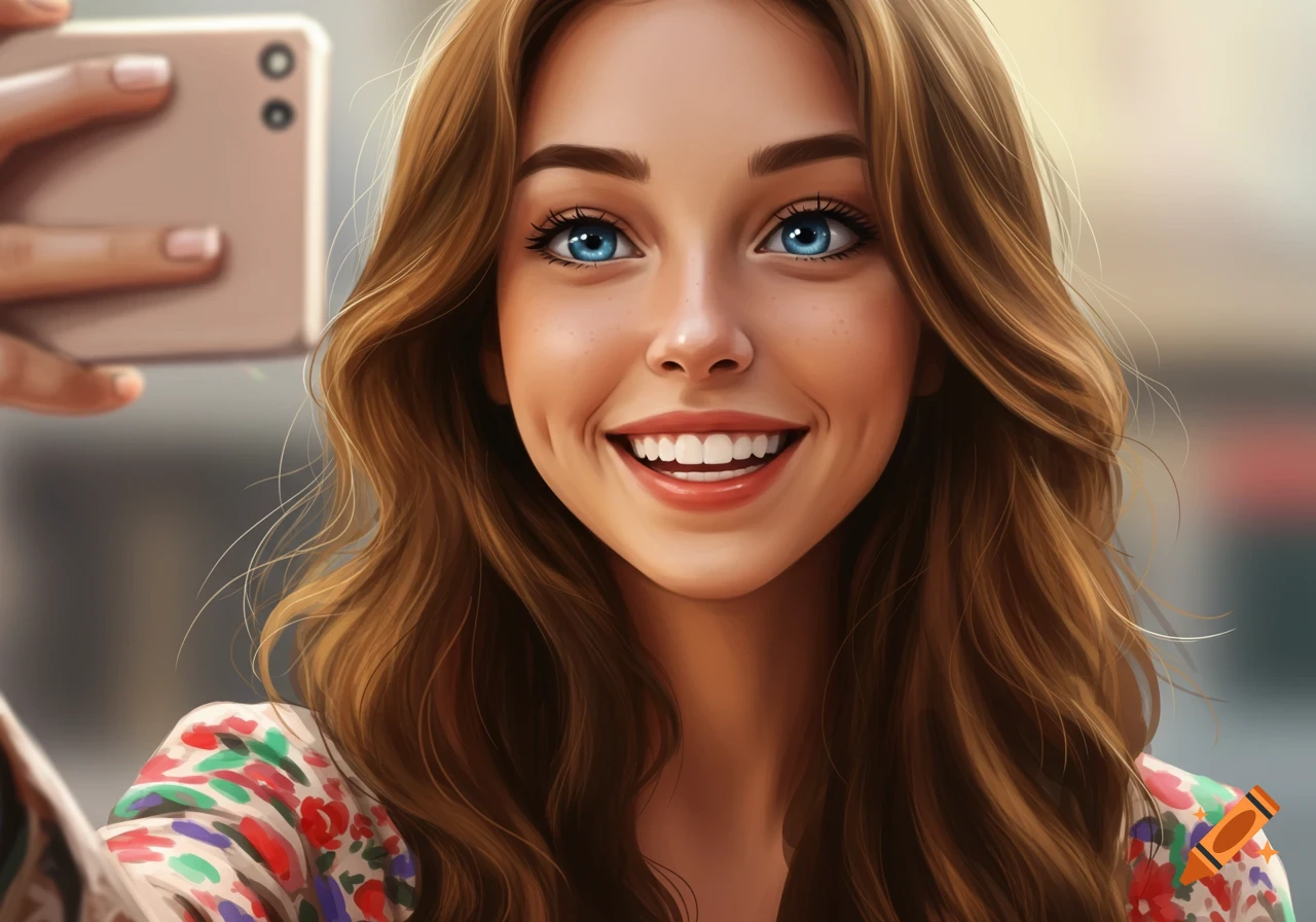 Close-up of a smiling woman with brown hair and blue eyes taking a selfie.