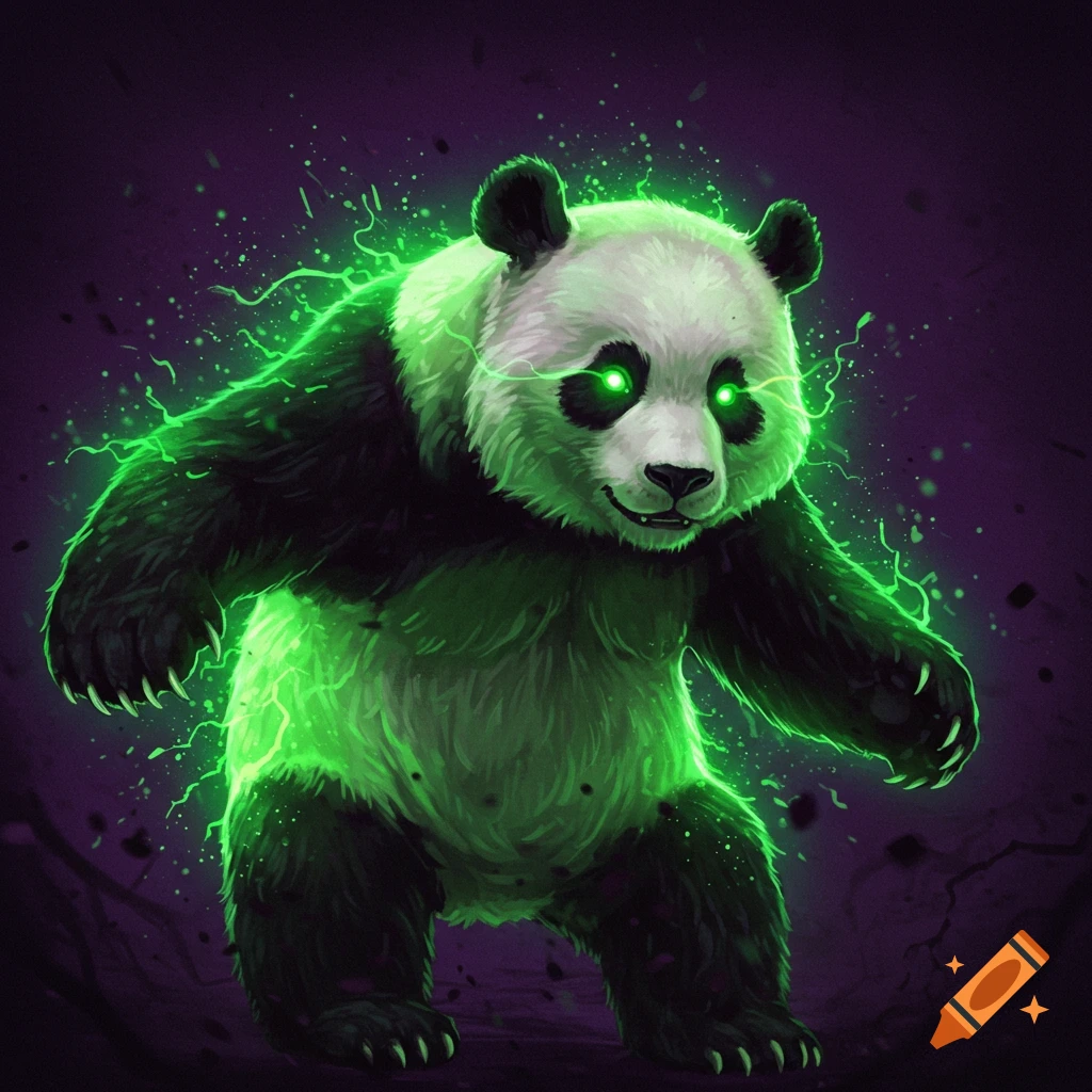 a panda glowing with green radioactive energy