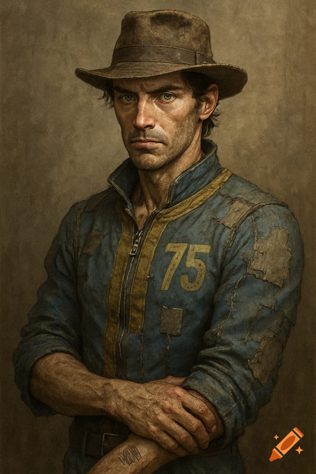 Portrait of a man in a dusty hat and a blue, patched Vault 75 suit with a faded barcode on his wrist.