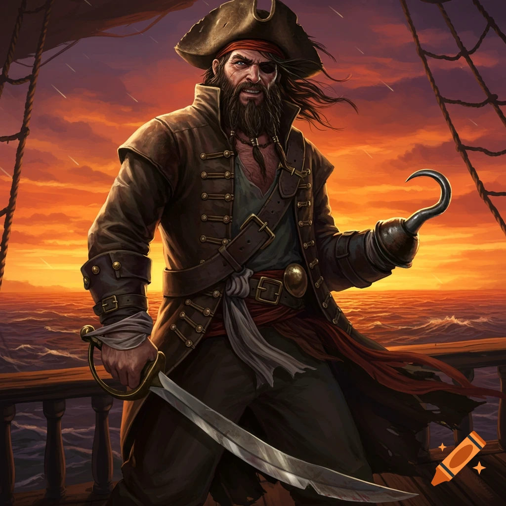 A pirate with an eye patch, hook hand, and sword stands on a ship deck at sunset.