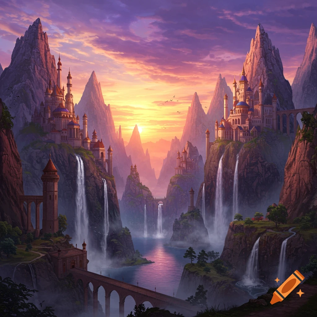 Fantasy castles perched on mountains with waterfalls and a lake at sunset.