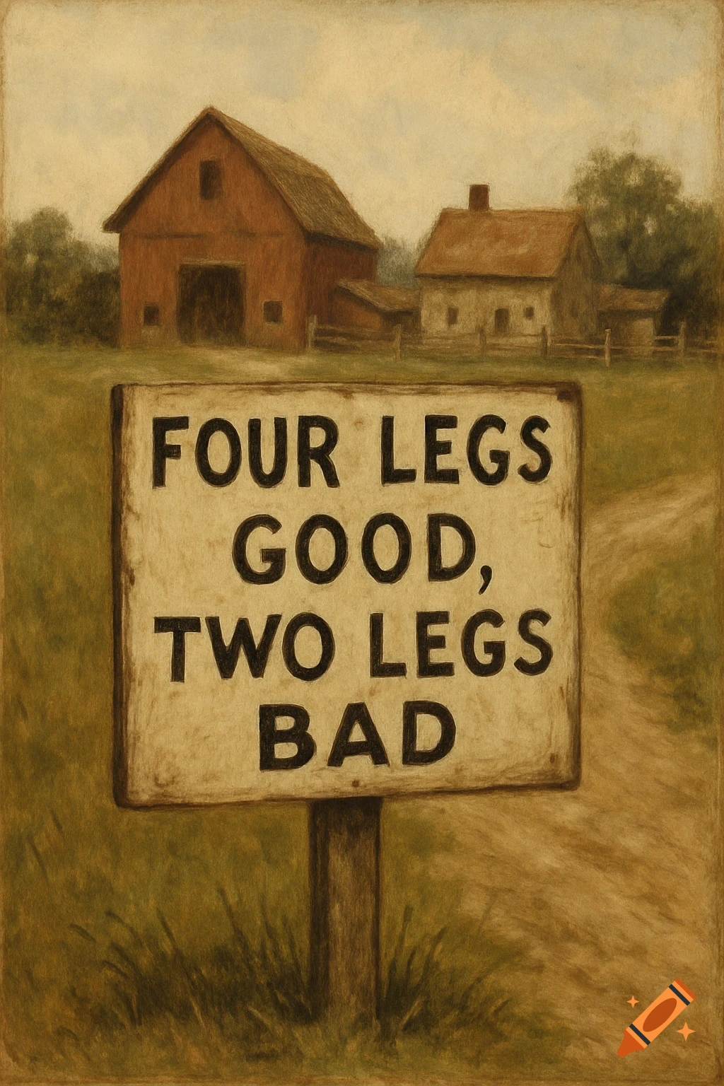 A sign reads 'Four legs good, two legs bad' on a path leading to a farm.