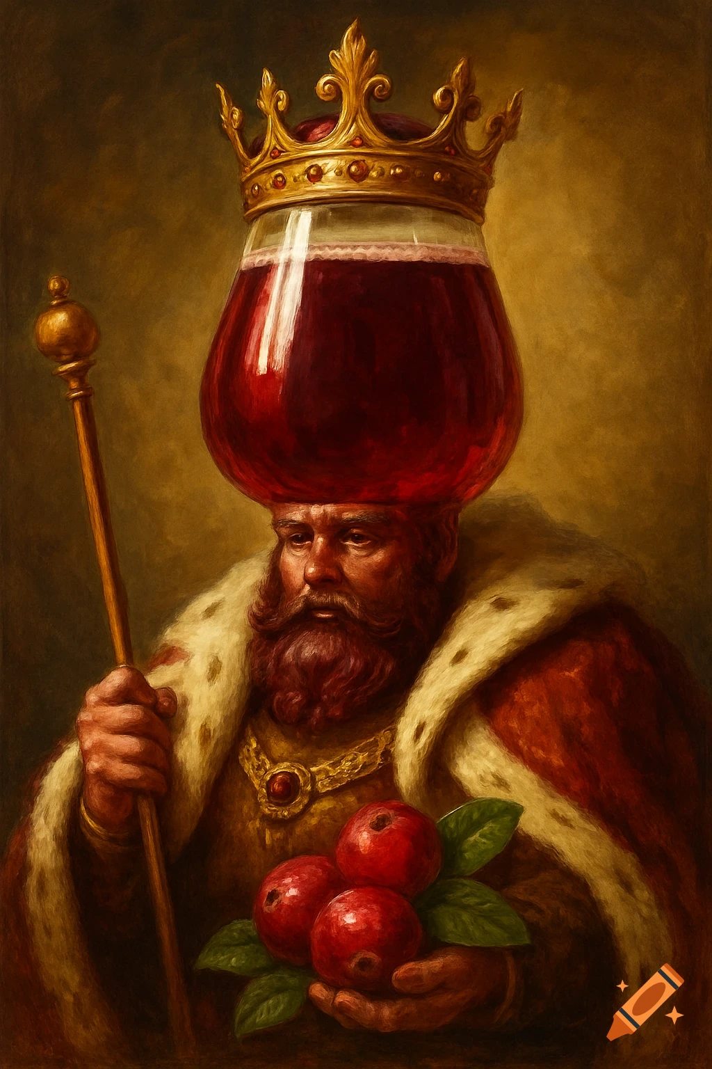 Painting of a king holding fruit with a large glass of cranberry juice on his head.