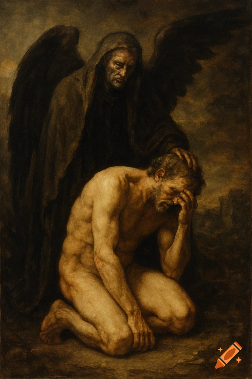 Nude man kneels in despair as a dark, winged figure touches his head, dark religious painting.