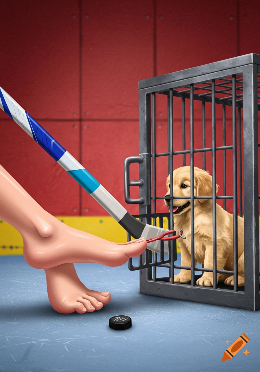 A cartoon image of a bare foot using a hockey stick blade to open a cage holding a golden retriever puppy on an ice rink.