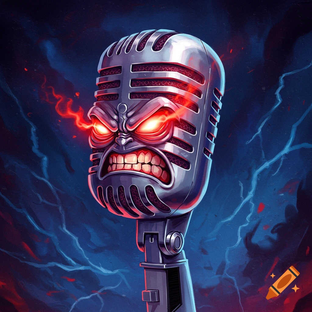 Angry, stylized microphone with glowing red eyes and sharp teeth against a dark, stormy background.