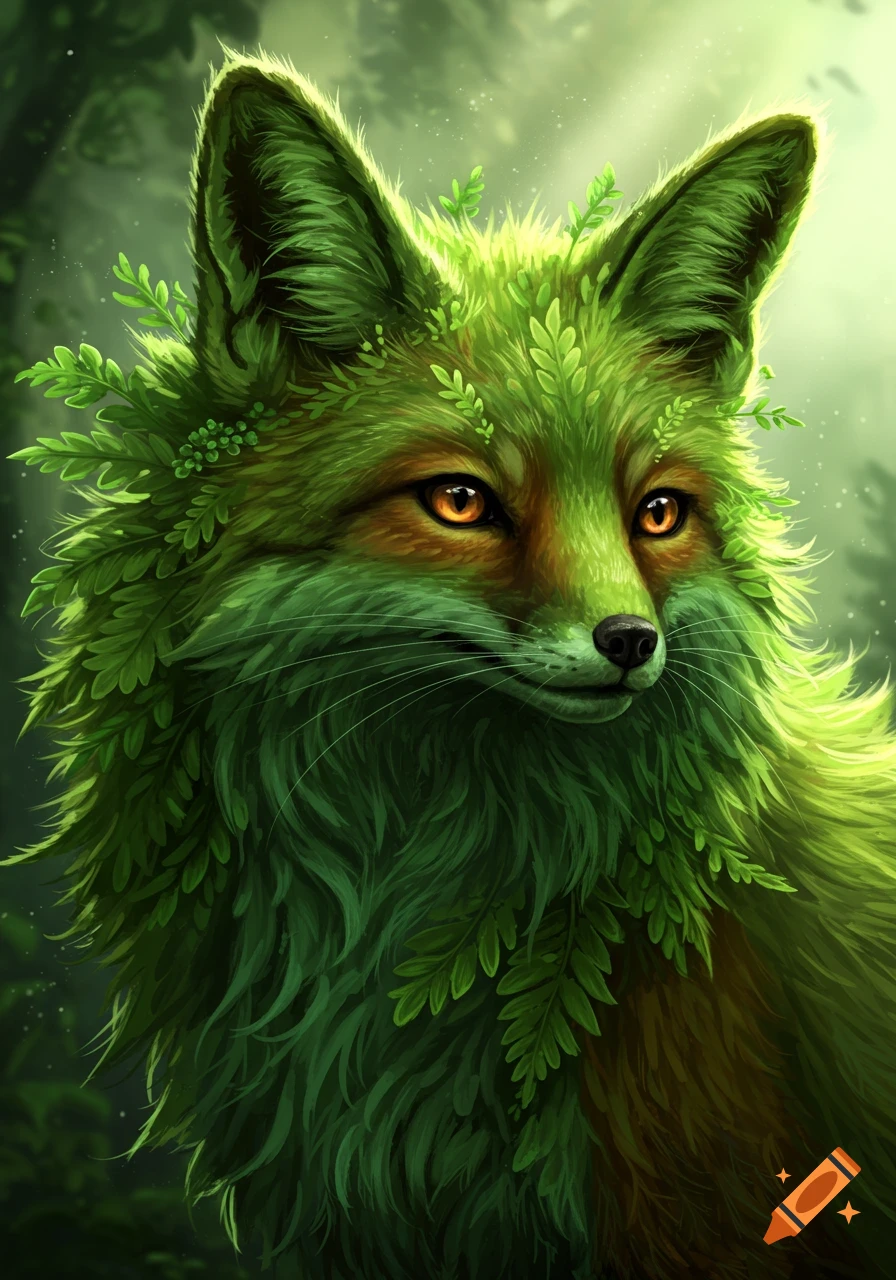 A fox covered in green leaves and ferns