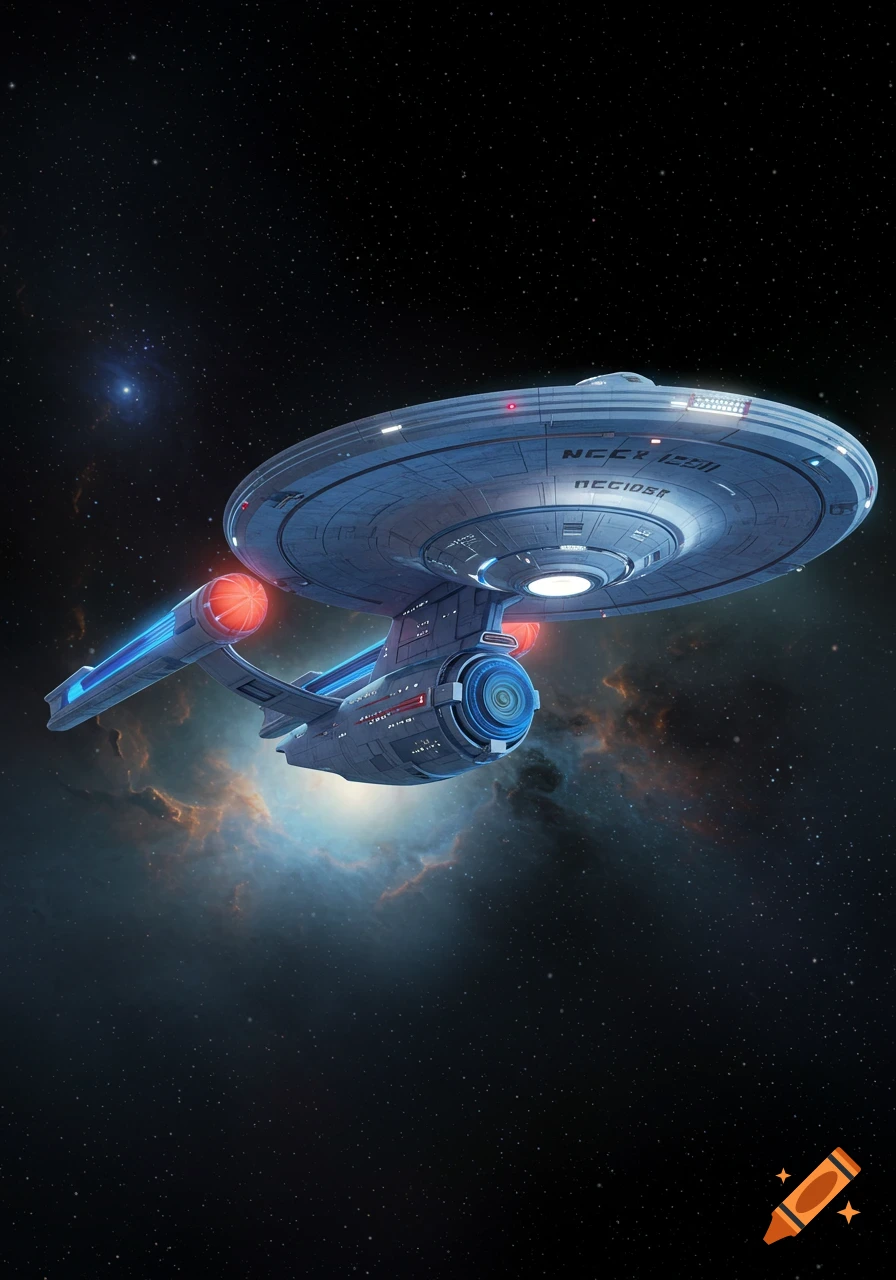 a spaceship resembling the Starship Enterprise floating in space.