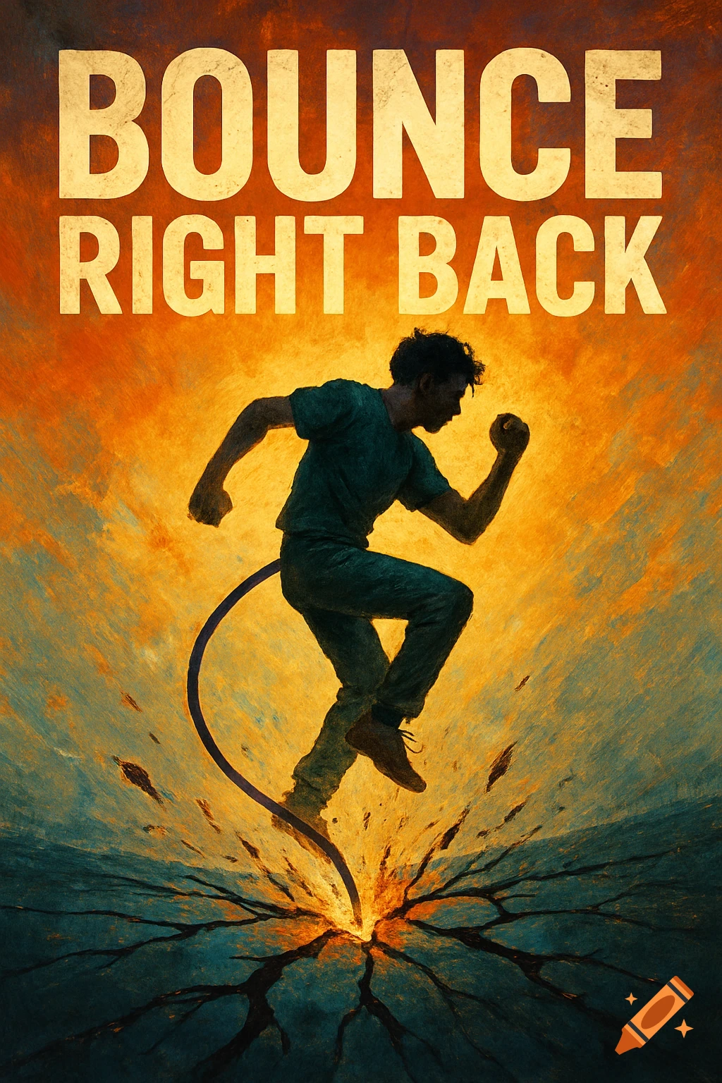 Person running strongly against a fiery orange and blue background with the text "Bounce Right Back" above.