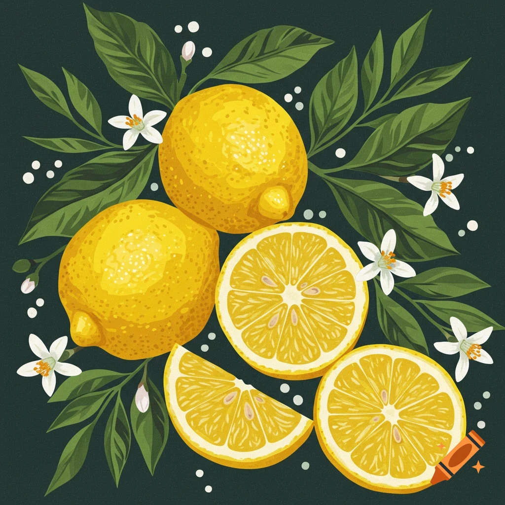 Painted illustration of whole and sliced lemons with green leaves and white flowers