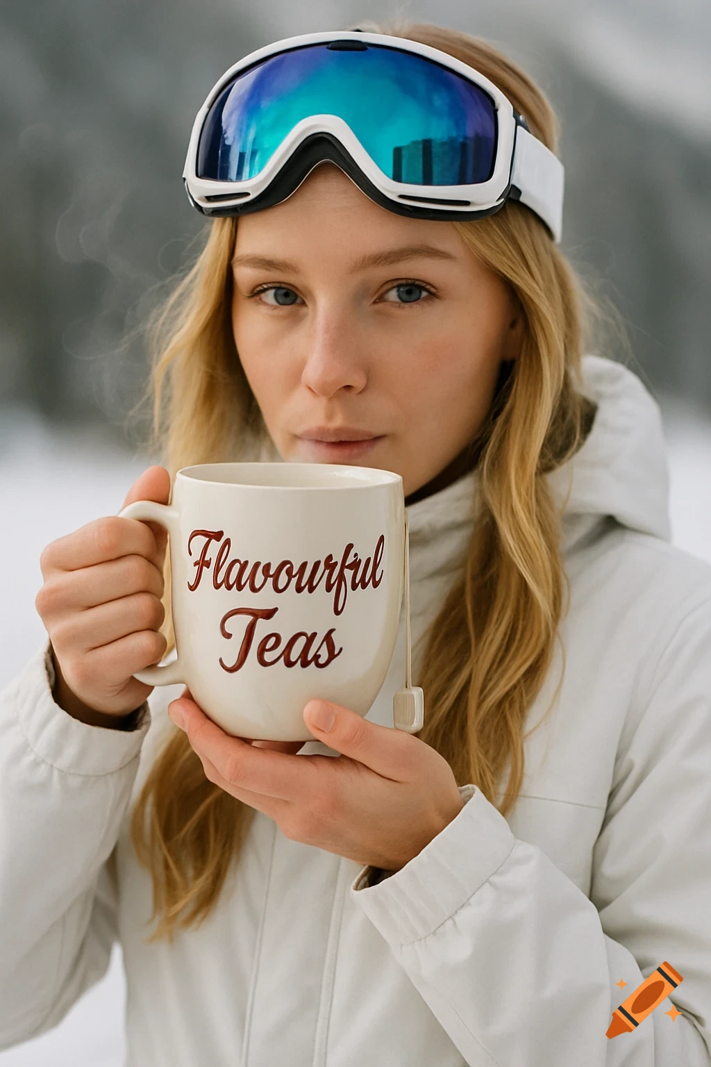 A woman in ski goggles holds a mug with 'Flavourful Teas' written on it in a snowy setting.