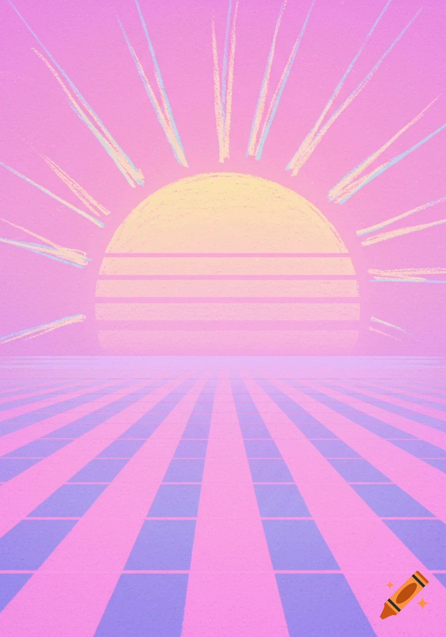 Vaporwave sun over checkered plane drawn with crayons.