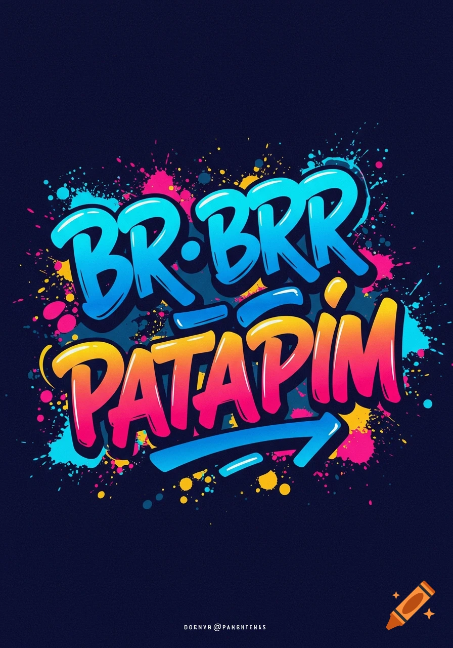 Stylized text 'BRR BRR PATAPIM' in vibrant colors with paint splatters on a dark background, graffiti style.