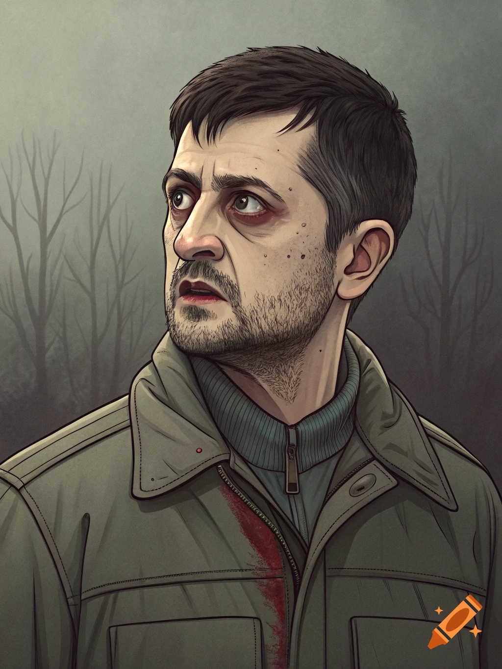 Stylized illustration of a man with stubble looking scared in a foggy forest.